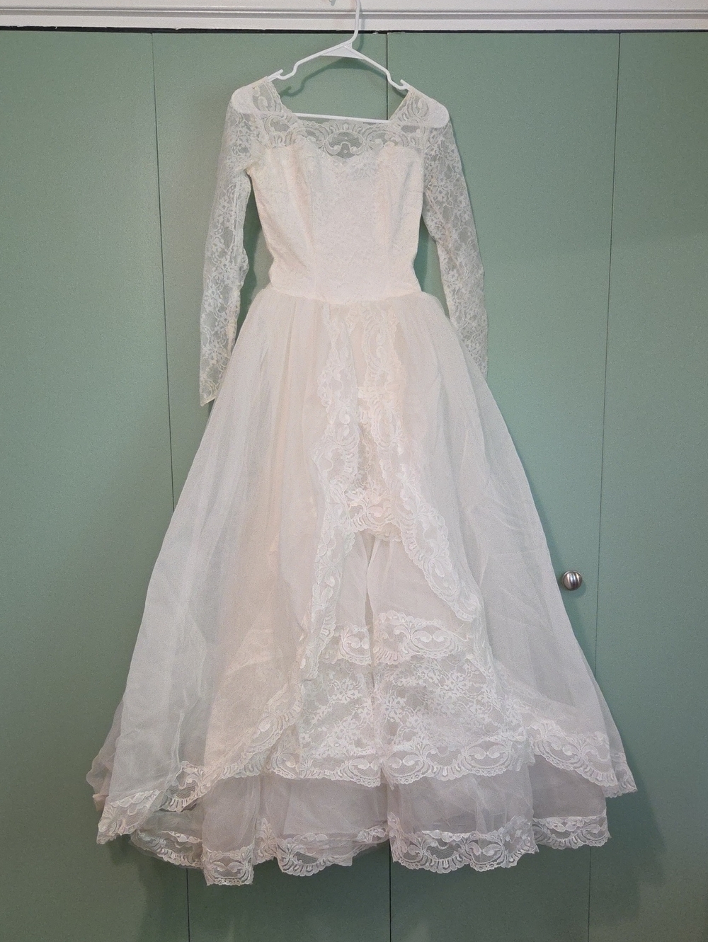 Vintage Handmade White Lace Layered Wedding Dress Small